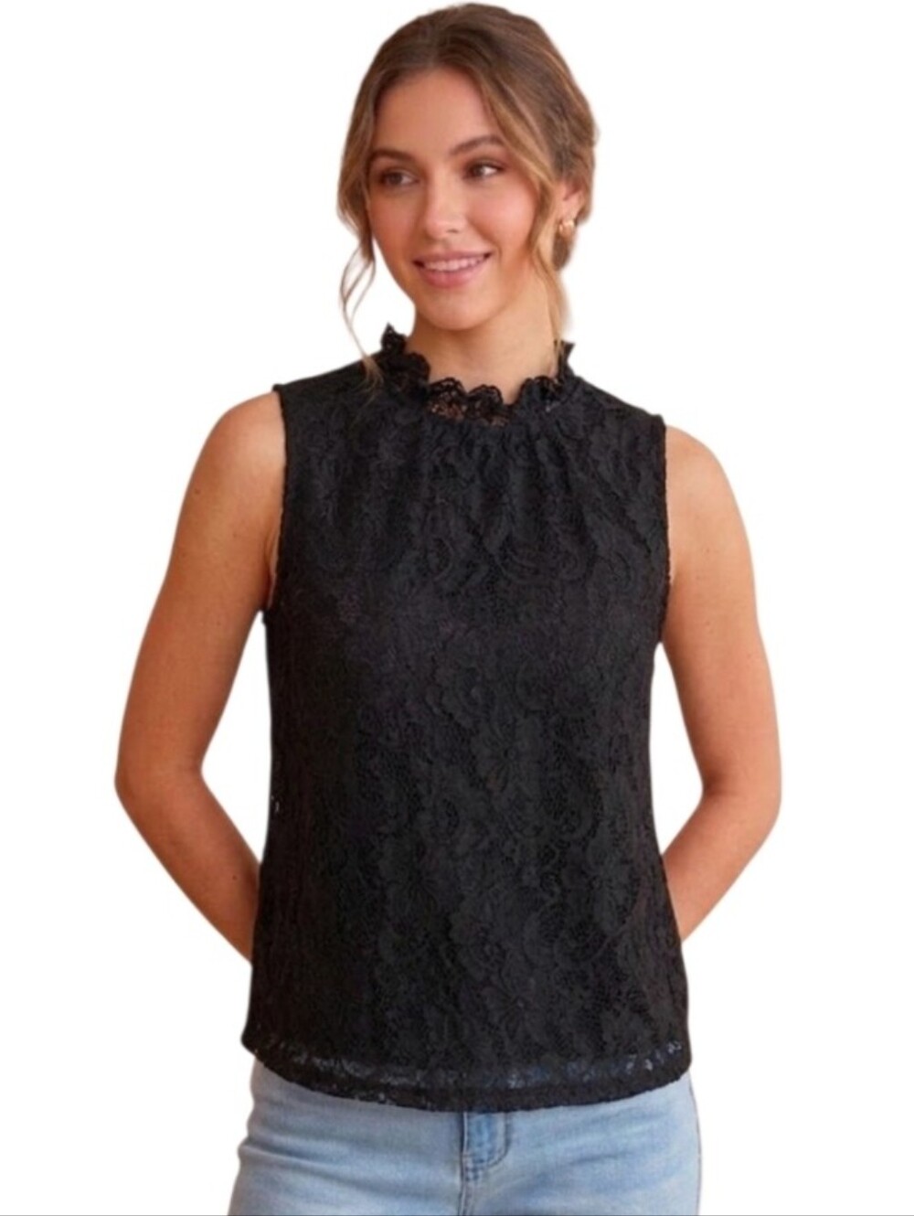 Sleeveless Black Lace Mock Neck Top